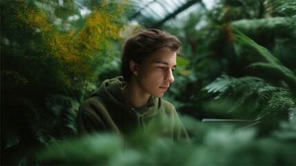 Naklejka premium Portrait of a young man sitting in a tropical forest. he is wearing a green hoodie and is looking off to the side with a thoughtful expression on his face.