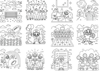 Black and white cartoon illustrations of children participating in sports and celebrations Keywords: coloring book, illustration, children, cartoon, drawing, line art, sports, soccer, american