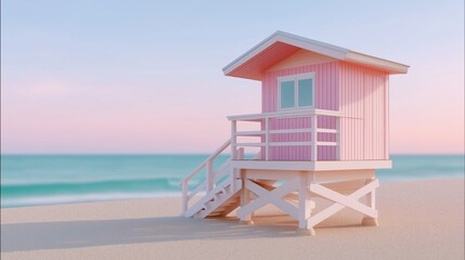 Obraz premium Pastel Pink Lifeguard Hut on Beach