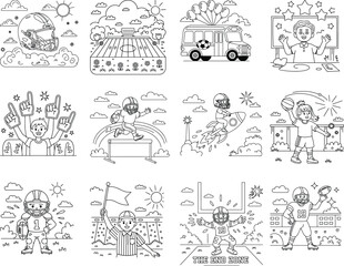 Fototapeta premium Black and white cartoon illustrations for children with American football and school bus themes Keywords: coloring book, illustration, children, cartoon, drawing, line art, sports, american