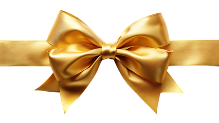 Elegant golden satin ribbon tied into a decorative bow isolated on transparent background