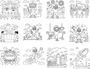 Obraz premium Black and white cartoon illustrations of children and American football themes Keywords: coloring book, illustration, children, cartoon, drawing, line art, sports, american football, football