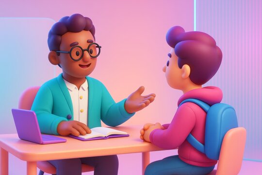 Cartoon-style teacher and student having a discussion at desk with laptop and book in vibrant light background, symbolizing social interaction. Ai generative