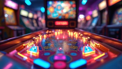 Close-up of vintage pinball machine in brightly lit arcade. Colorful pinball machine with glowing lights, buttons. Neon lights reflect on metal, plastic surface. Game machine flipper buttons, score