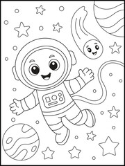 Cheerful Cartoon Astronaut Floating in Space with Stars and Planets Coloring Page for  Children. Black and White Line Art for Kids' Coloring Pages and Activities