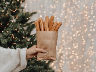 Hand holding churros in a paper bag with sparkling Christmas lights in the background. Warm festive street snack scene with cozy holiday vibes.