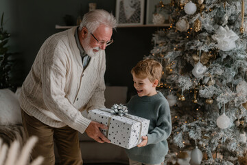 Grandfather handing a present to his grandson by the Christmas tree at home. Warm and cozy holiday moment, joyful family scene.