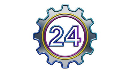 Isolated gear with the number 24 inside, a symbol for 24-hour service and assistance