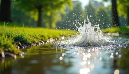 Fototapeta premium Water splashes up in park. Droplets of liquid glisten. Green grass grows near pond edge. Soft sunlight filters thru trees. Natural scenic fresh tranquil urban recreational view earth.