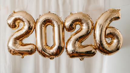 Inflatable foil balloons in the shape of 2026 on a minimalist background. Festive New Year decoration with modern metallic shine.