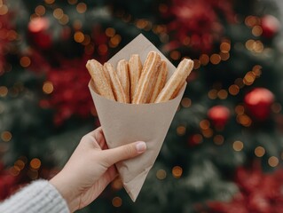 Hand holding churros in a paper bag with blurred Christmas lights in the background. Festive holiday street snack scene.