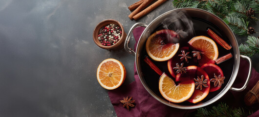 Mulled wine in a small pot with warm Christmas vibes. Cozy festive drink scene with spices and seasonal atmosphere.