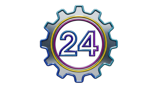 Isolated gear with the number 24 inside, a symbol for 24-hour service and assistance