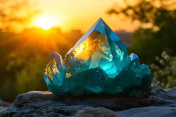 Obraz premium Blue Crystal Cluster Illuminated by Sunset Light Outdoors