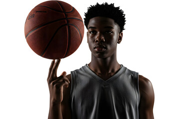 A young African American basketball player confidently spinning a basketball on his finger with dramatic studio lighting. Isolated on transparent background, png