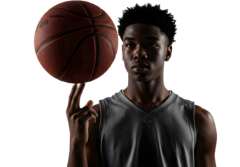 A young African American basketball player confidently spinning a basketball on his finger with dramatic studio lighting. Isolated on transparent background, png