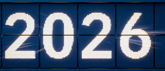 Illuminated digital display showing the year two thousand and twenty six with light streaks across it
