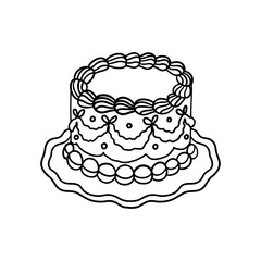Vintage cake on a decorative plate. Hand drawn illustration in line style.
