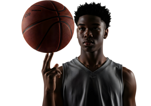 A young African American basketball player confidently spinning a basketball on his finger with dramatic studio lighting. Isolated on transparent background, png - Powered by Adobe
