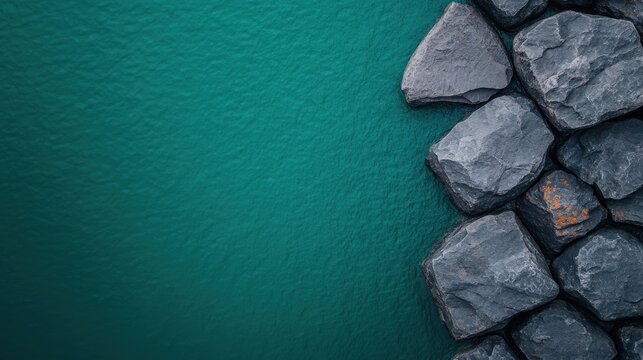 Stones border the tranquil turquoise water, creating a serene and visually appealing composition, This image is perfect for themes of nature, tranquility, and outdoor landscapes,