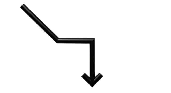 Isolated Black Arrow Points Downward, Indicating a Downturn, Decline, Drop, or Negative Trend