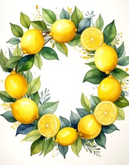 Watercolor illustration of lemons and green foliage
