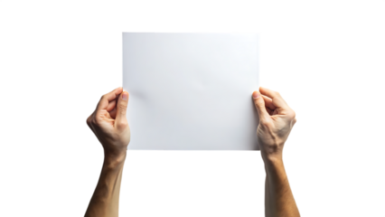 Two hands holding a blank white sheet of paper isolated on transparent background
