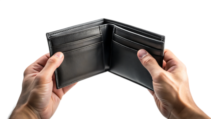 Hands holding open an empty black leather wallet isolated on transparent background