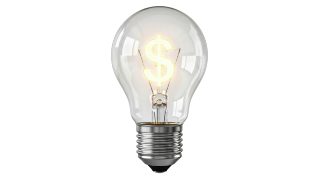 Isolated lightbulb with dollar sign shape filament, monetary business or idea concept
