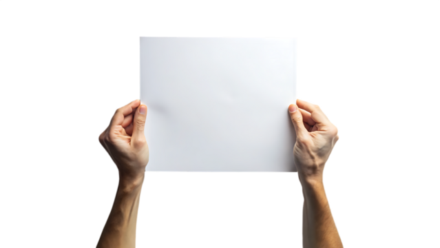 Two hands holding a blank white sheet of paper isolated on transparent background - Powered by Adobe