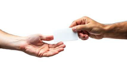 Close up of one person s hand giving a blank white business card to another person s open palm isolated on transparent background