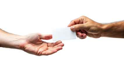 Close up of one person s hand giving a blank white business card to another person s open palm isolated on transparent background