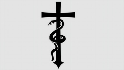 Black christian cross with a snake coiled around it