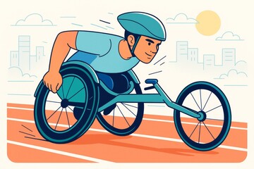 Obraz premium Athlete in racing wheelchair speeding on track with city skyline and sun in soft abstract background, dynamic cartoon style illustration. Ai generative
