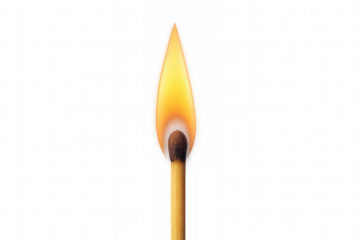 Matchstick burning with a bright flame, creating light and heat, isolated with a transparent background