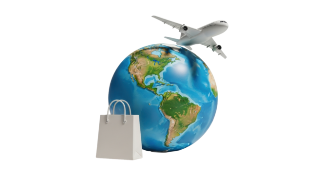 Isolated illustration of global airline shipping business, globe, commercial airplane