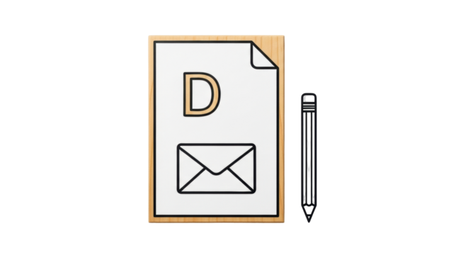 Isolated stylized D icon on document with envelope and pencil, correspondence concept