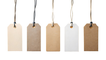 Five blank paper gift tags of various brown and white shades hanging on strings isolated on transparent background