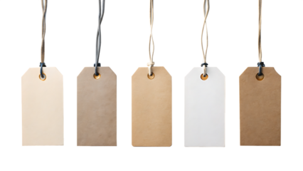 Five blank paper gift tags of various brown and white shades hanging on strings isolated on transparent background