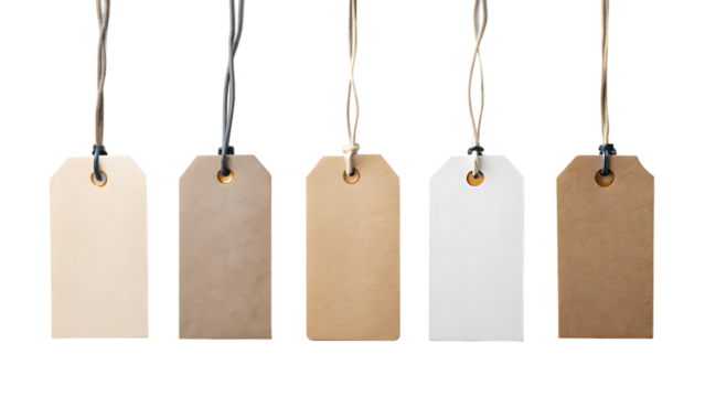 Five blank paper gift tags of various brown and white shades hanging on strings isolated on transparent background - Powered by Adobe