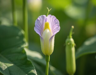 Cowpea flower with purple and white petals in garden. Green leaves surround blooming flower. Long bean plant with bud in agricultural field. Organic yard with fresh legumes.