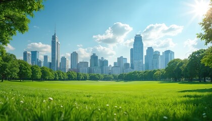 Obraz premium City skyline with green park in foreground. Modern skyscrapers, buildings surrounded by trees, grass. Sunny day with blue sky, white clouds. Urban landscape with eco friendly architecture. Green