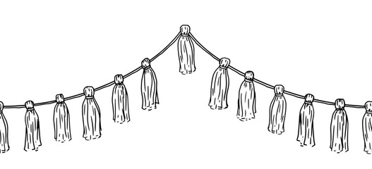 Fringe of tassels and cord, sketch. Vector illustration. Festive garland, seamless horizontal border, isolated on a white background.Theme new year, Christmas, birthday, for postcards and invitations