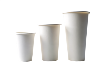 Three plain white paper cups of varying sizes arranged side by side isolated on transparent background