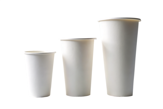 Three plain white paper cups of varying sizes arranged side by side isolated on transparent background