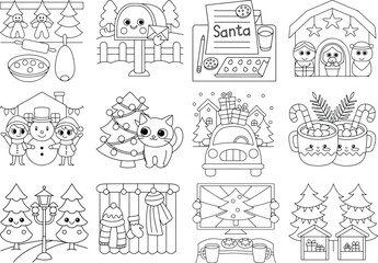 Collection of Christmas Themed Coloring Pages with Cute Characters and Scenes Keywords: christmas, coloring, page, outline, drawing, illustration, holiday, winter, santa, snowman, cat, christmas