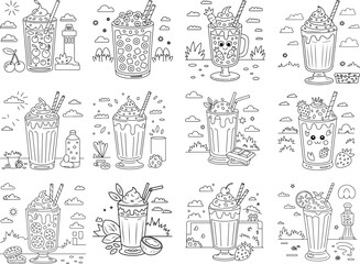 Collection of Fun and Whimsical Drinks with Straws and Toppings in Outline Style Keywords: drink, beverage, milkshake, smoothie, cocktail, iced coffee, soda, juice, sweet, refreshment, summer