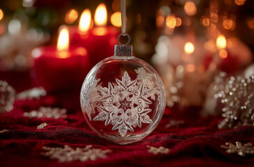 a crystal snowflake ornament hanging from the christmas tree, surrounded by flickering candles on red velvet fabric