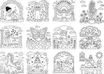 Diverse Outline Illustrations of Mythological Figures, Animals, and Nature Scenes for Coloring greek mythology
