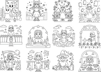 Diverse cartoon girls in fantasy, Halloween, and creative settings with magical elements Keywords: girl, child, kid, Halloween, ghost, monster, witch, wizard, magic, potion, spell, fairy, angel